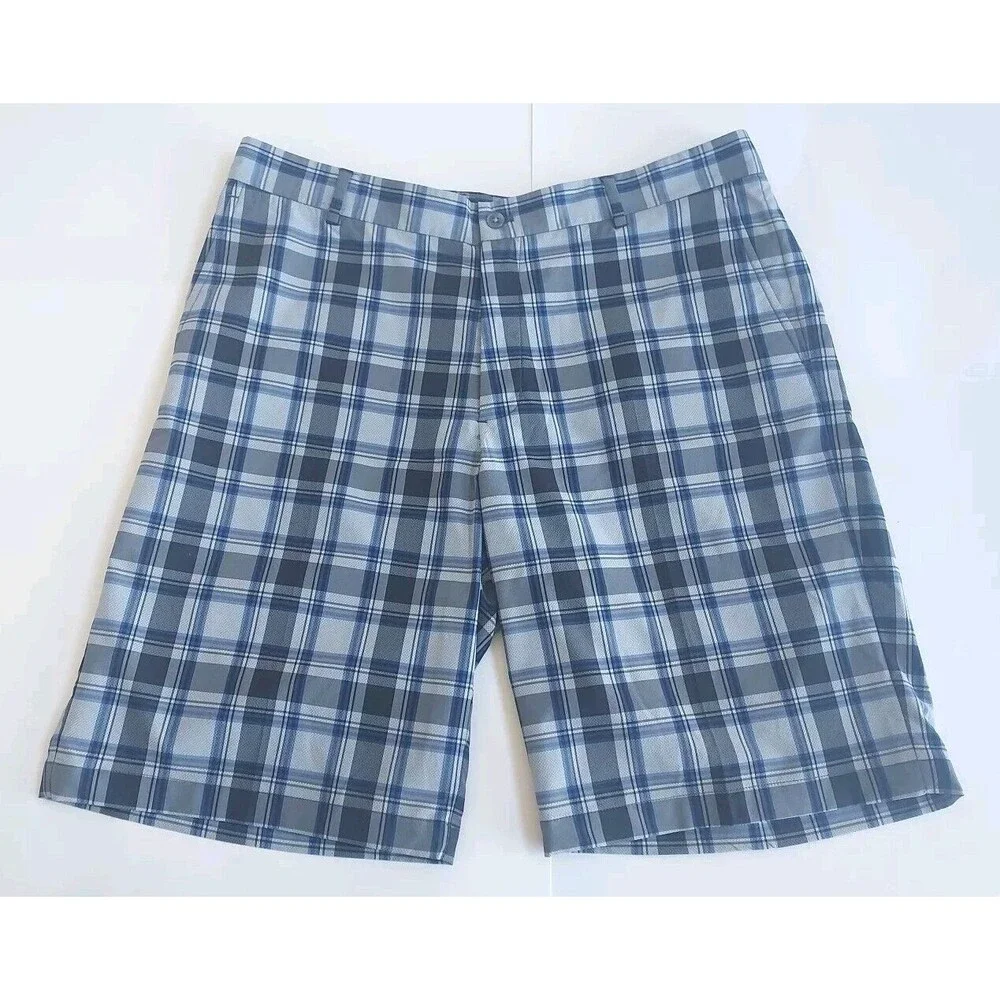 Mens Slazenger Gray/Blue Plaid Quick Dry Flat Front Golf Shorts Size 36x11